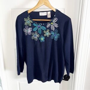 Alfred Dunner Dark Blue Floral Embellished Long Sleeve Top
